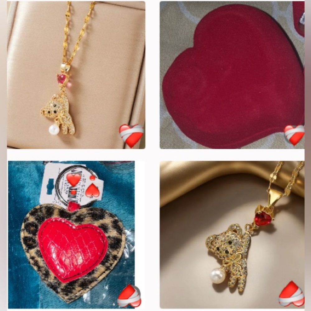 3pc Gold REDCrystal♥️Teddy Bear 🆕Love Balloon Bear Pendant Necklace Set 18KTG.P.